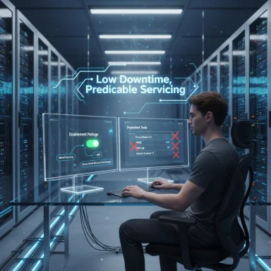 A technician monitors screens in a data center, pursuing low downtime and predictable servicing.