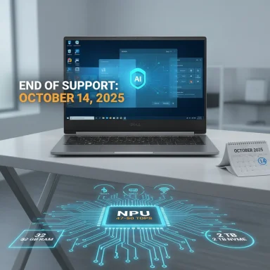 A Dell laptop on a desk displays 'End of Support: October 14, 2025' with a blue holographic AI chip diagram.