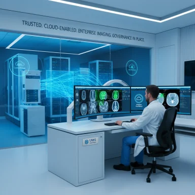 Doctor at a multi-monitor radiology workstation reviewing MRI scans in a high-tech imaging lab.
