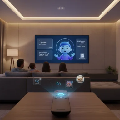 Family watches a large screen in a modern living room with a holographic remote.