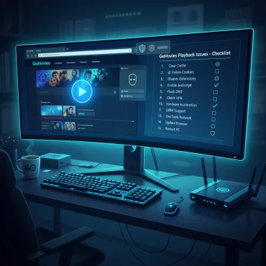 Futuristic desk setup with a neon-blue glow and a curved monitor showing GoMovies playlist and a checklist.