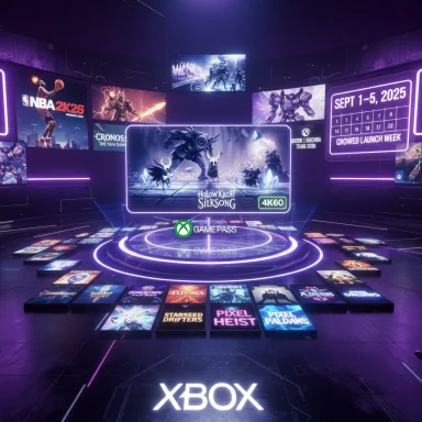 Neon-lit Xbox stage showcasing Hollow Knight: Silksong in 4K60 for Game Pass.