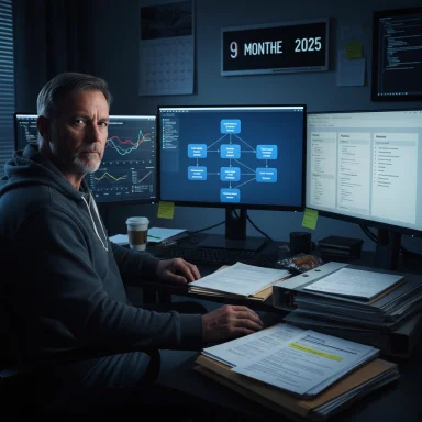 A man in a hoodie sits at a multi-monitor workstation, analyzing charts and documents.