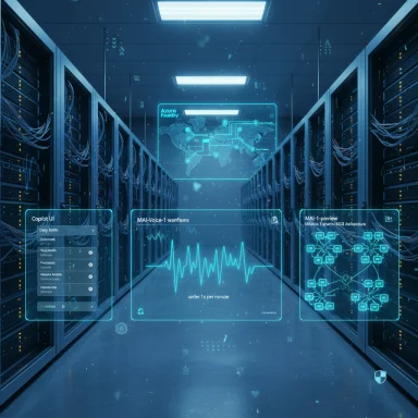 Futuristic data center with holographic dashboards hovering above glowing server racks.