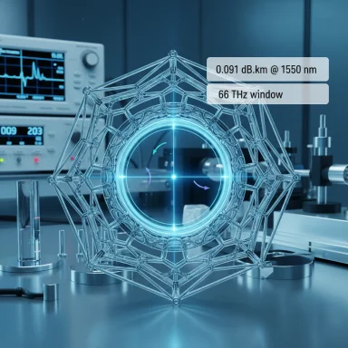 A glowing crystalline optical lattice with a blue ring sits in a lab, tuned to 1550 nm (66 THz window).