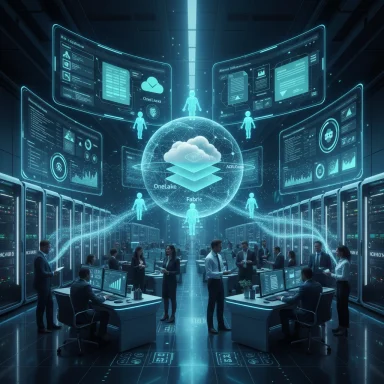 Futuristic data center with neon-blue holographic screens surrounding a central cloud globe.
