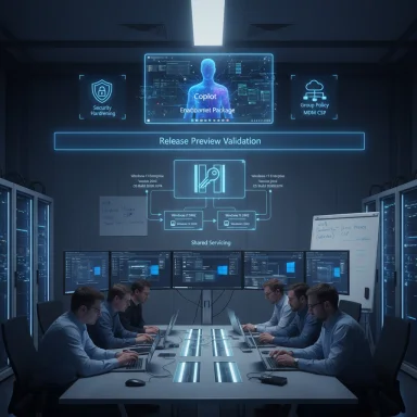Futuristic IT operations room where engineers validate a software release on multiple screens.