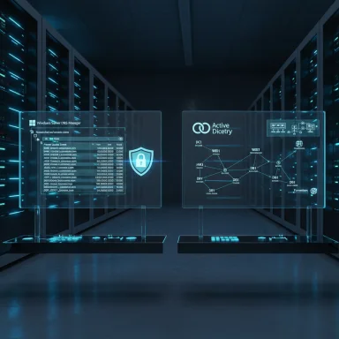 Futuristic data center with holographic screens showing DNS Manager and Active Directory.