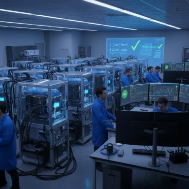 A futuristic data center lab with engineers monitoring racks of hardware and large displays.