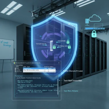 Data center with a glowing shield hologram showing firewall rules and network security.