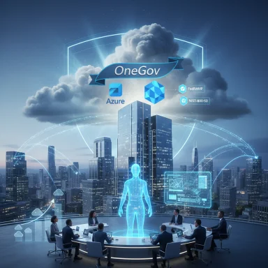 Futuristic city conference with holographic figure and cloud-tech logos (OneGov, Azure, FedRAMP, NIST-800-53).