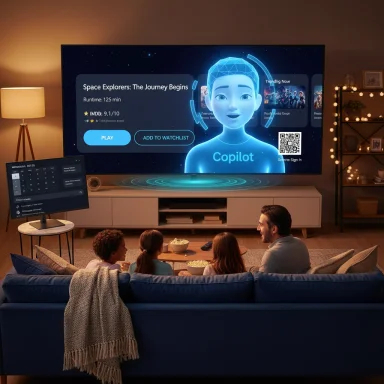 A family sits on a couch watching a space-themed movie UI on a large TV in a cozy living room.