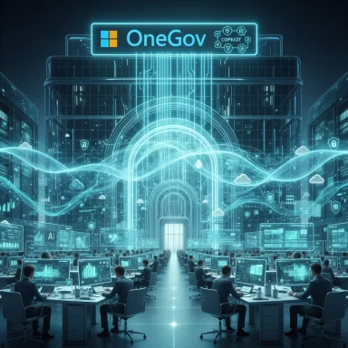 A futuristic government data center with neon holographic streams and a glowing OneGov sign.