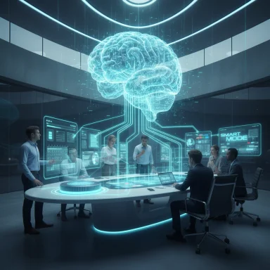 A glowing brain hologram hovers above a round table as a team discusses in a high-tech conference room.