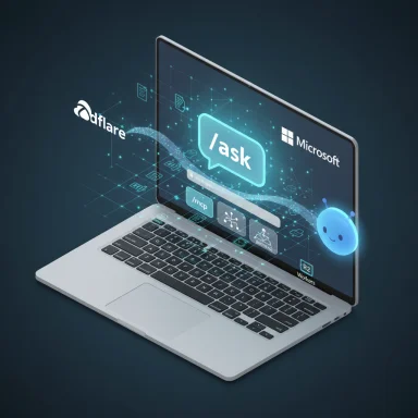 A futuristic laptop projects a holographic /task interface with Microsoft and dflare logos.