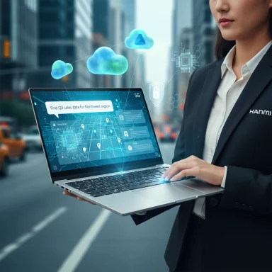A businesswoman in a blazer uses a laptop displaying cloud data visuals on a city street.