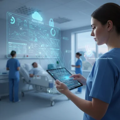 A nurse uses a tablet to view holographic medical dashboards in a high-tech hospital.