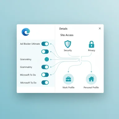 UI panel with left-aligned app toggles connected to site access, security, privacy, and work/personal profiles.