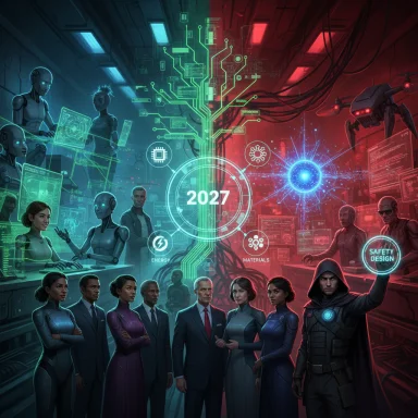 Futuristic meeting of humans and robots around a glowing 2027 digital tree.