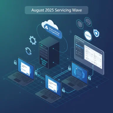 Futuristic network of Windows Server 2025 with cloud backup and interconnected laptops.