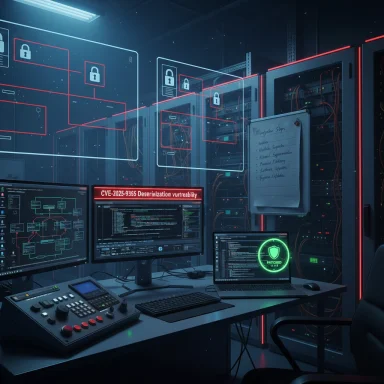 Cybersecurity lab with server racks and monitors showing a CVE-2025-9365 deserialization alert.