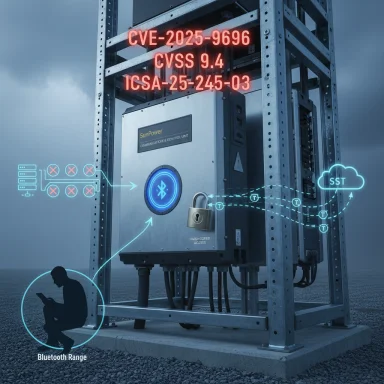 Industrial control cabinet with red CVE vulnerability label and blue Bluetooth/cloud data flow diagram.