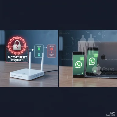 Security scene: Factory Reset Required on a router, paired with smartphones on a laptop.