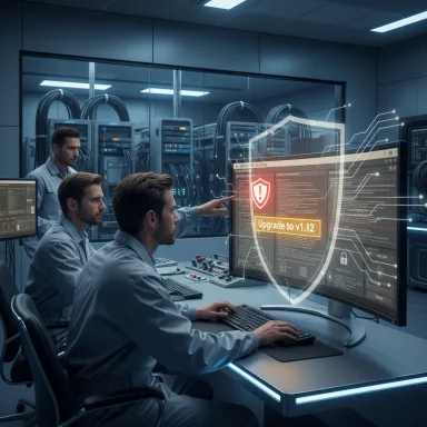 Engineers in a data center monitor a holographic shield and upgrade prompt on the display.