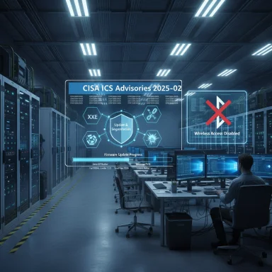 A security operations center monitors CISA ICS advisories on holographic displays in a data center.