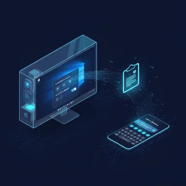 Futuristic holographic desktop and smartphone data transfer.