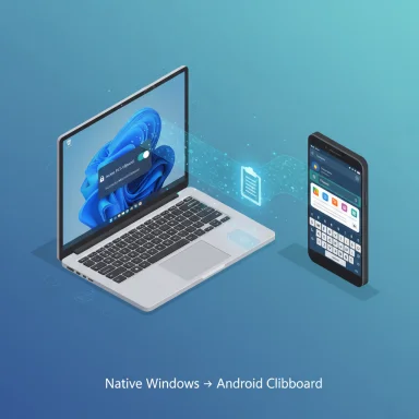 A Windows laptop and Android phone wirelessly exchange clipboard data.