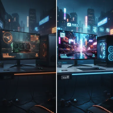 A futuristic gaming desk with two neon-lit monitors displaying a cyberpunk city.