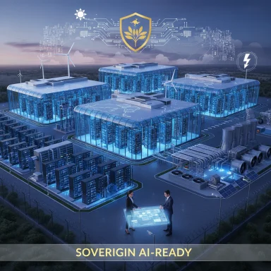 AI-ready data center campus with glass-walled server halls, wind turbines, and glowing holographic planning.