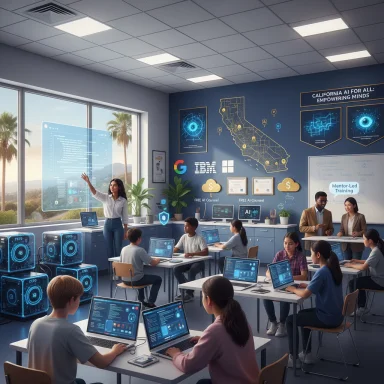 A high-tech classroom where students work on laptops as a teacher presents holographic displays.