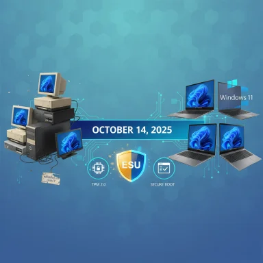 Tech banner showing old PCs and modern laptops with Windows 11, dated October 14, 2025.