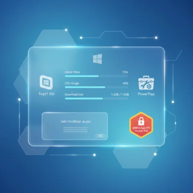 Futuristic Windows-style install dashboard with progress bars for Tiny11 ISO and PowerToys.