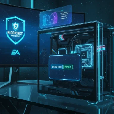 A futuristic gaming PC with blue neon internals and a “Secure Boot: Enabled” display.