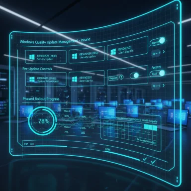 Futuristic curved holographic dashboard showing Windows update management and 78% rollout progress.