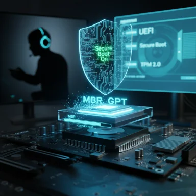 A holographic shield displaying Secure Boot over a motherboard, highlighting MBR to GPT conversion.