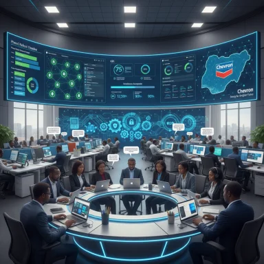 Futuristic command center with a circular desk and expansive blue data displays.