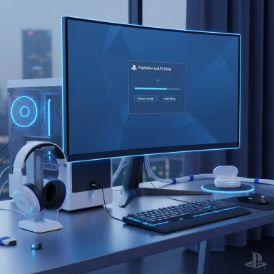 Blue-lit gaming PC setup with headphones and keyboard, monitor showing PlayStation Link PC Driver progress.