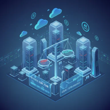 Futuristic data center weighs debt vs equity amid cloud AI tech.