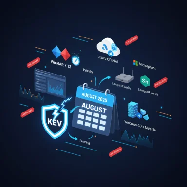 Futuristic infographic showing August 2025 patching with KEV shield and tech logos.