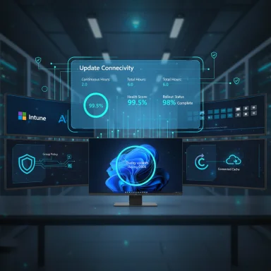 A futuristic data center with blue holographic dashboards displaying connectivity updates.
