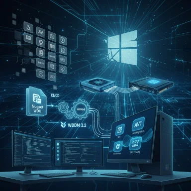 Futuristic Windows-based data center with servers, holographic icons, and live migration.
