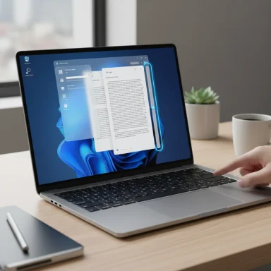 A laptop on a wooden desk displays floating documents as a hand points to the trackpad.