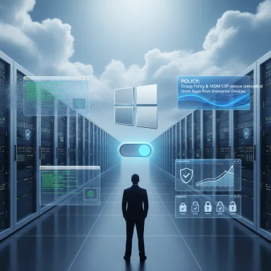 A person stands in a futuristic data center, surrounded by holographic dashboards and a glowing Windows logo.