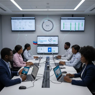 A diverse team collaborates in a high-tech conference room with multiple screens displaying dashboards.