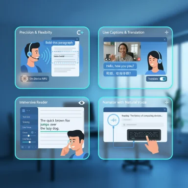 Four blue panels illustrate AI tools: on-device NPU, live captions, immersive reader, and narrator with natural voice.