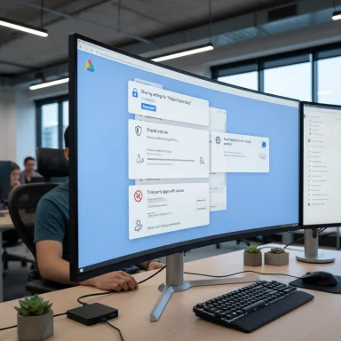 A curved ultrawide monitor on a desk in a modern office, displaying a settings/sharing UI.